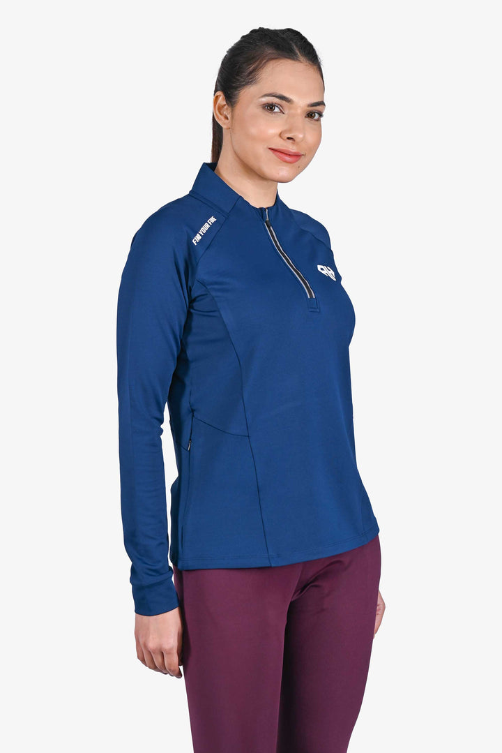 High Neck Navy Blue Polo Jacket for Women