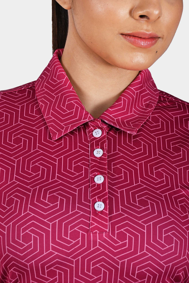 Heavy Pink Geometric Polo T Shirt for Women