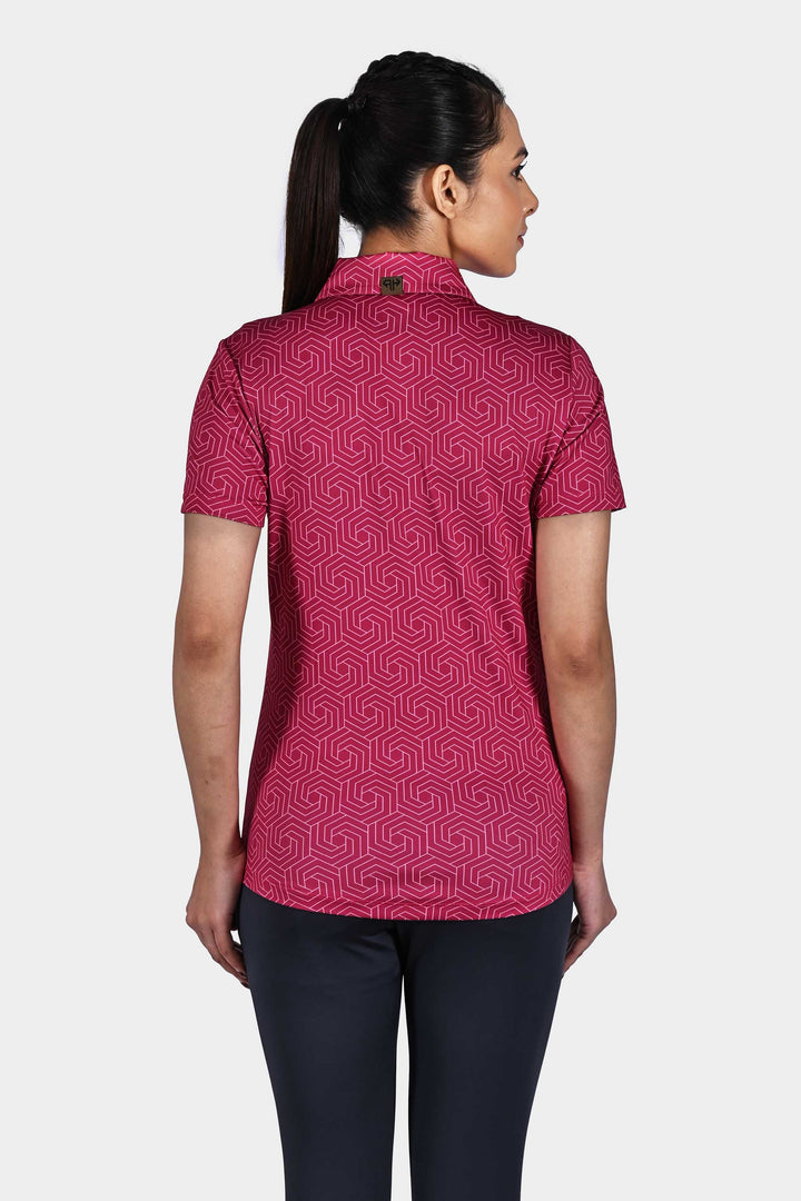 Heavy Pink Geometric Women Polo Tshirt Online