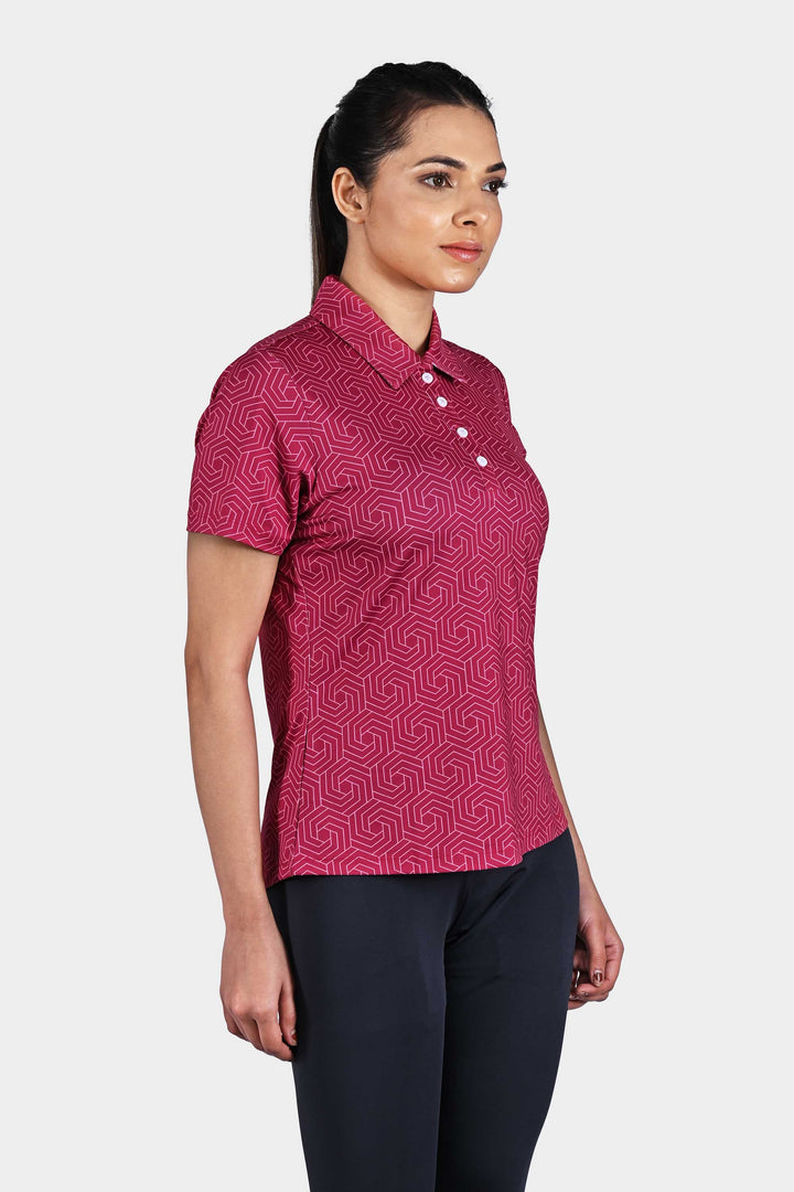 Heavy Pink Geometric Women Polo Tshirt India