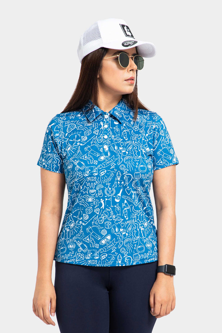 Buy Blue Doodle Women Polo Shirt by AH